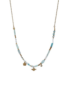 Colar Aço Pedras Turquesa Pendentes Metal Dourado