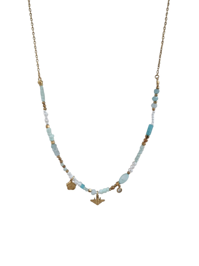 Colar Aço Pedras Turquesa Pendentes Metal Dourado