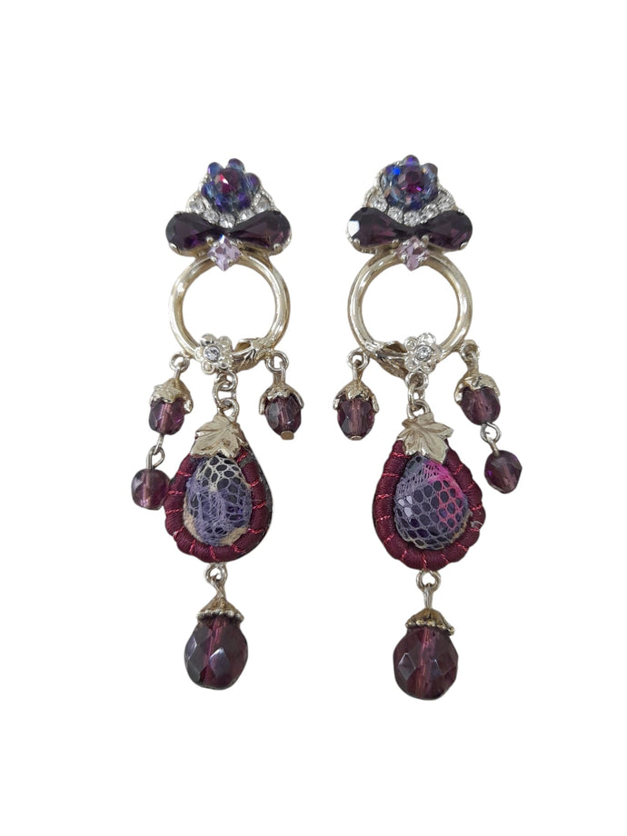 Brincos  Metal Dourado com Tecidos Burgandy